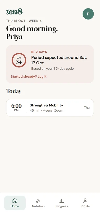 Ten8 cycle screen showing when your period is expected