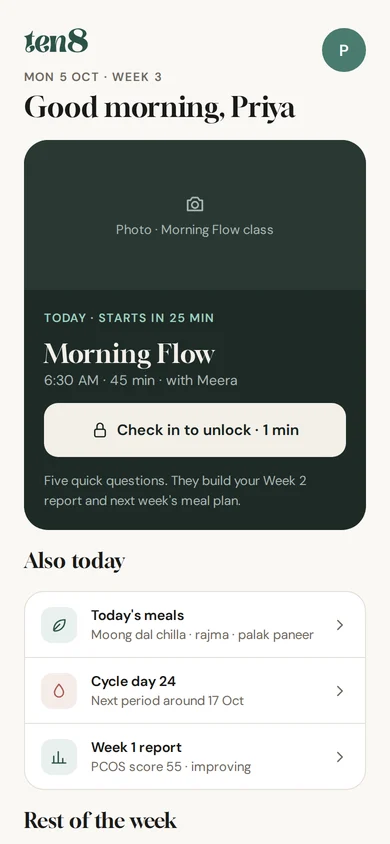 Ten8 home screen with this week's live class